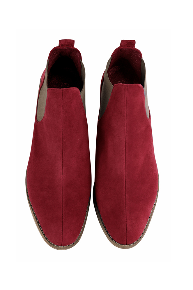 Burgundy red and taupe brown women's ankle boots, with elastics. Round toe. Low leather soles. Top view - Florence KOOIJMAN